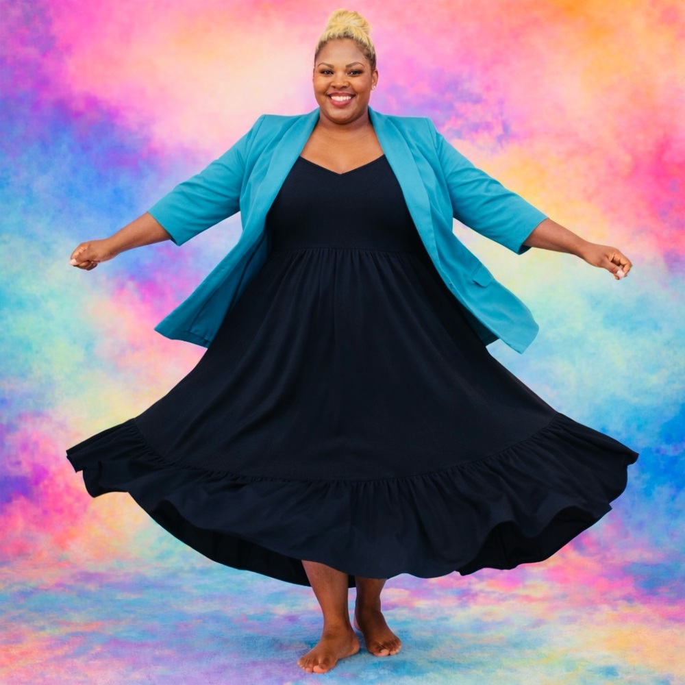 Torrid Blue Blazer with Black Maxi Dress